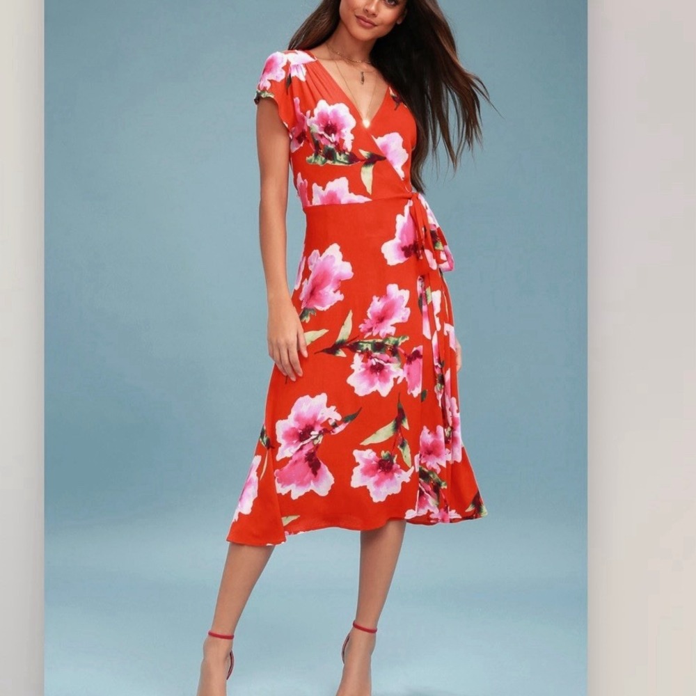 NWT Lulus Have Love Will Travel Coral Red Floral Gauze‎ Wrap Midi Dress Size XL